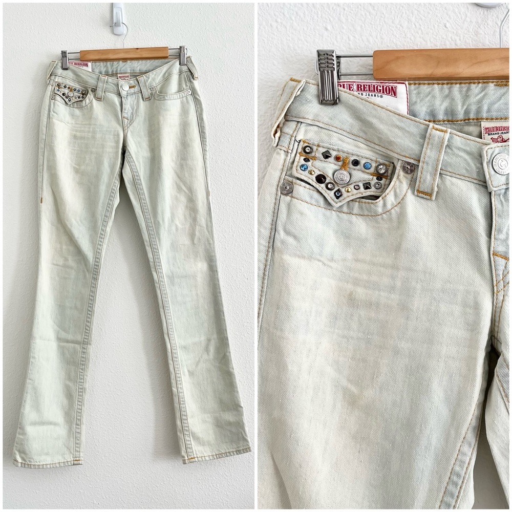 True Religion Light Wash Straight Leg Jeans with Stud Details